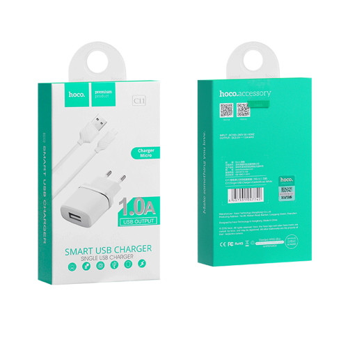 Зарядний пристрій (зарядка) для телефону Hoco C11 1 А+ кабель micro USB Білий