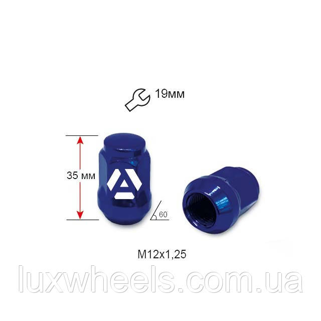 Гайка колісна A801444 BU M12х1,25х35 мм Конус (Matiz, Nissan, Niva, Subaru, Suzuki) Закрита Синій Хром Ключ19