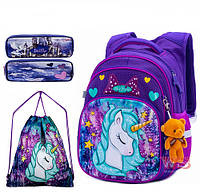 Школьный рюкзак (ранец) с ортопедической спинкой с мешком и пеналом фиолетовый для девочки Winner / SkyName