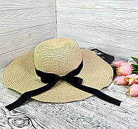 Женская солнцезащитная соломенная шляпа цвет бежевый с черным бантом (55-58)