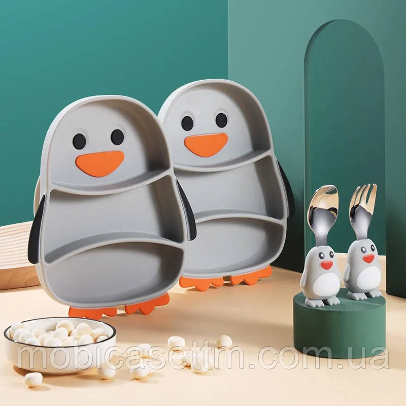 Дитячий посуд силіконовий посуд для дітей секційна тарілка із силікону у вигляді Пінгвіна + прибори + трубочка