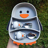 Дитячий посуд силіконовий посуд для дітей секційна тарілка із силікону у вигляді Пінгвіна + прибори + трубочка, фото 2
