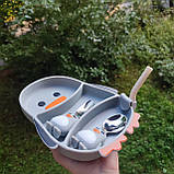 Дитячий посуд силіконовий посуд для дітей секційна тарілка із силікону у вигляді Пінгвіна + прибори + трубочка, фото 3