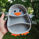 Дитячий посуд силіконовий посуд для дітей секційна тарілка із силікону у вигляді Пінгвіна + прибори + трубочка, фото 6