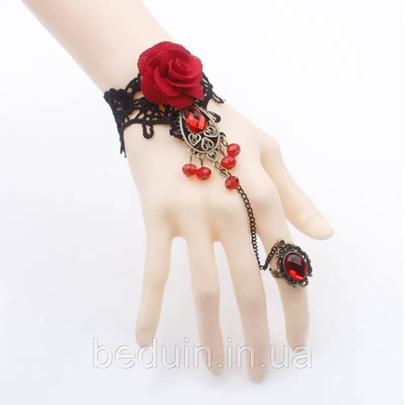 Готичний мереживний слейв — браслет через палець "Червона Троянда" Aushal Jewellery