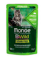 Влажный беззерновой корм Monge Cat Wet Bwild Grain Free Sterilised с мясом дикого кабана (кусочки в соусе), 85