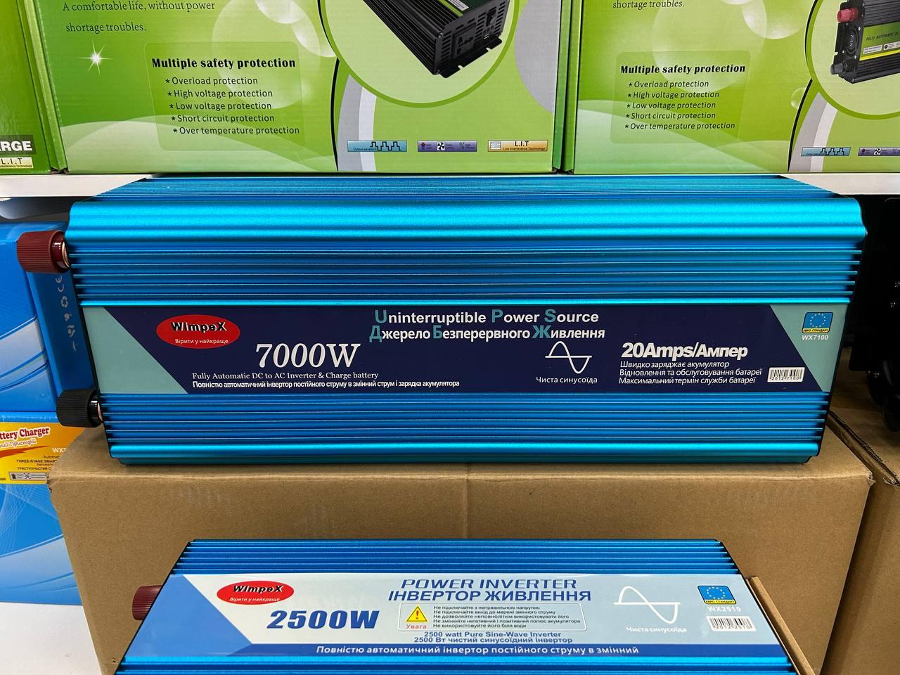 Інвертор із чистою синусоїдою на 7000W, 12V-220V, з вбудованою 20 А зарядкою акумулятора Wimpex — WX-7100, фото 1