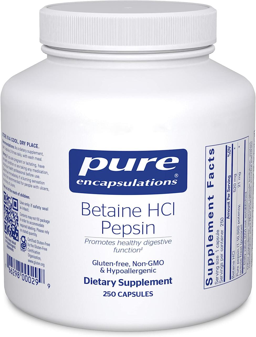 Бетаїн HCL Пепсин, Betaine HCL Pepsin, Pure Encapsulations, 250 капсул BX292