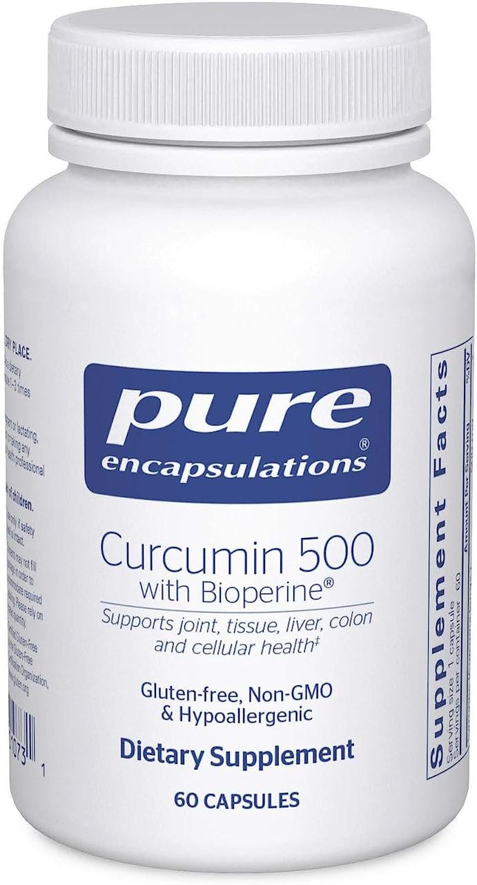 Куркумин 500 с биоперином, Curcumin 500 with Bioperine, Pure Encapsulations, 60 капсул BX093