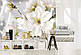 Фото шпалери 3д великі білі квіти 368х254 см Повітряні пелюстки магнолії (3508V8) Найкраща якість, фото 6