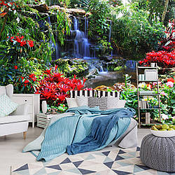 Флізелінові фотошпалери 3D 368x254 см Тропічний пейзаж, квіти, водоспад у джунглях Найкраща якість