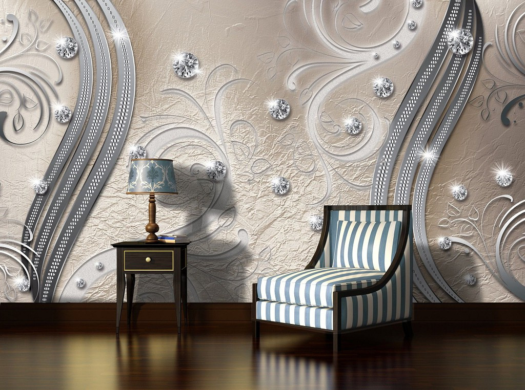 Фотошпалери флізелінові 254 х 184 см Діаманти та срібні вензелі на сіро-бежевому фоні (2046V4) Найкраща якість, фото 1