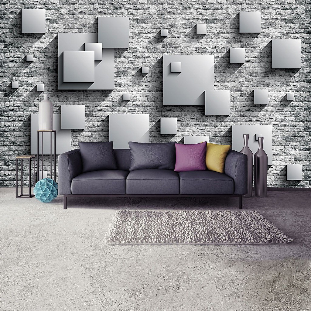 Флізелінові фото шпалери 3 д 312x219 см Сірі квадрати на цегляній стіні (3443VEXXL) Найкраща якість, фото 1