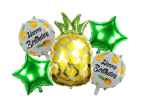 Набір, фонтан фольгованих повітряних куль Ананас Happy Birthday, фрукти кулі, упаковка 5 шт