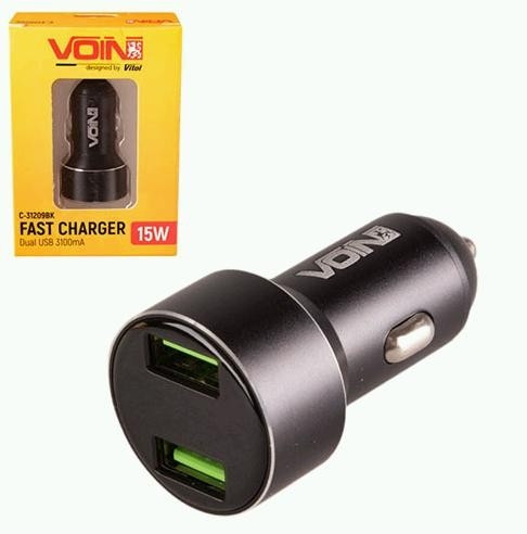 Автомобільний зарядний пристрій VOIN C-31209BK 2 USB (12/24V — 5V 3.1 A) + вольтметр у гніздо прикурювача