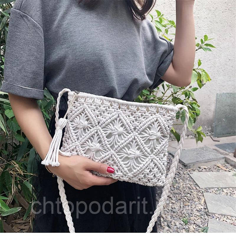 В'язана сумка з орнаментом, жіноча сумочка з бавовняної мотузки, біла Код 68-0124, фото 1