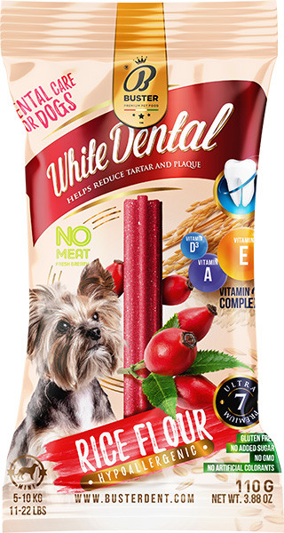 Дентастіки (зубні палички) для дрібних собак White Dental, гіпоалергенні, рис з шипшиною, 110 г (7 шт)