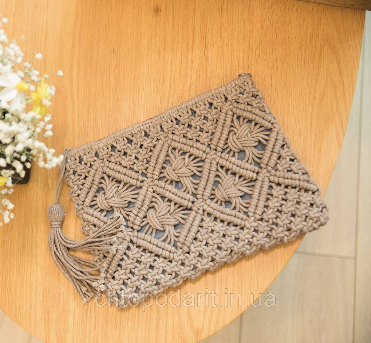 В'язана сумка з орнаментом, жіноча сумочка з бавовняної мотузки, сіра Код 68-0130, фото 1