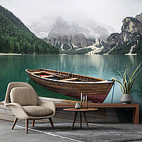 Флизелиновые фотообои лес 312x219 см 3D Пейзаж Лодка на горном озере (14585VEXXL)+клей