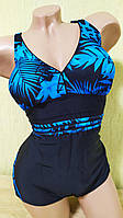 Модний злитий купальник для повних жінок, чорний з синіми вставками, великий розмір - 6XL (58)