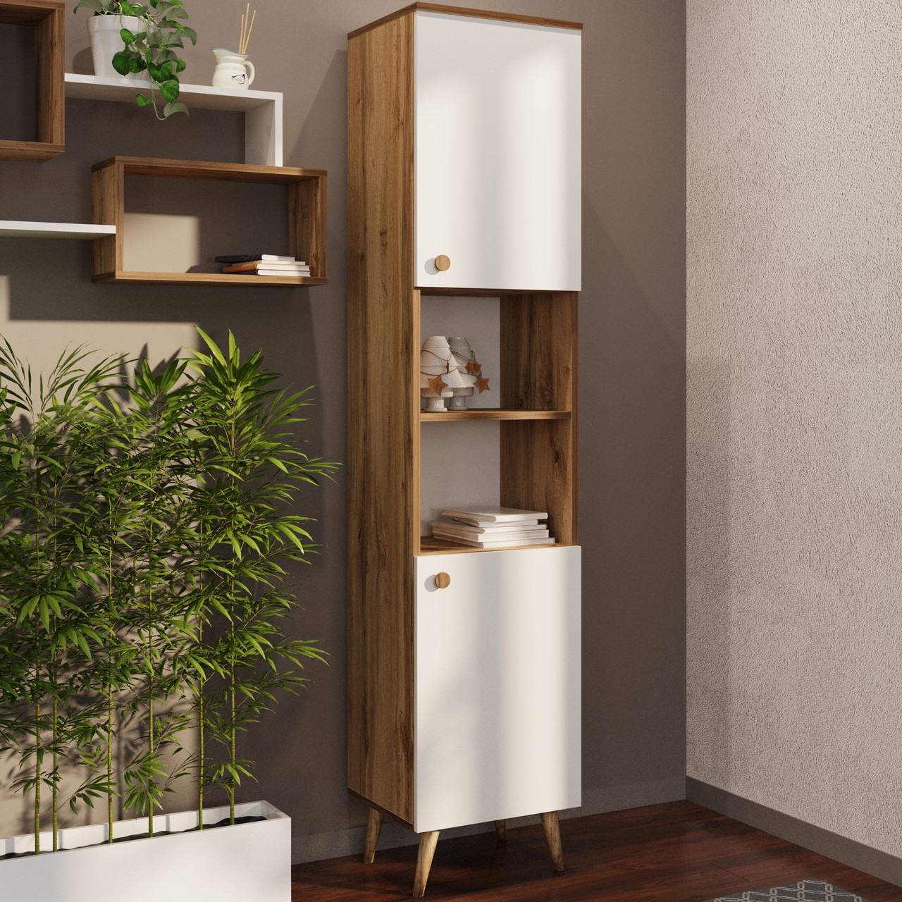 Пенал великий 2 полиці 2 двері Сканді дуб тахо/білий ТМ Мікс Мебель