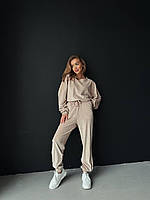 Женский базовый повседневный удобный спортивный велюровый костюм кофта и штаны (разные цвета 42/44 и 46/48) Светлый беж, 42/44
