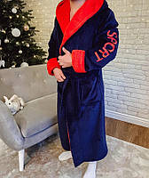 Мужской махровый халат с надписью Sport , Мужские махровые халаты с капюшоном и карманами двухцветный Хит зими