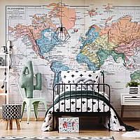 Фотообои в спальню над кроватью 368x254 см Физическая карта мира сделана во Франции (14622P8)+клей