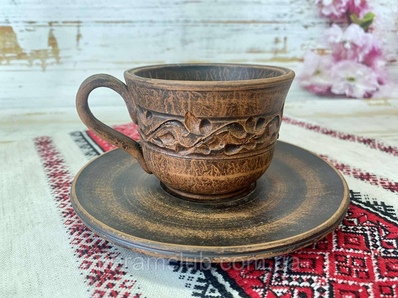 Кавова чашка 160 мл Керамклуб із блюдцем 12 см  із червоної глини