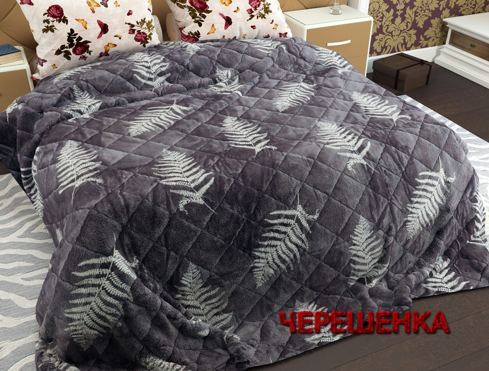 Сіре двоспальне флісове стьобане покривало 180х215 см з принтом листя папороті