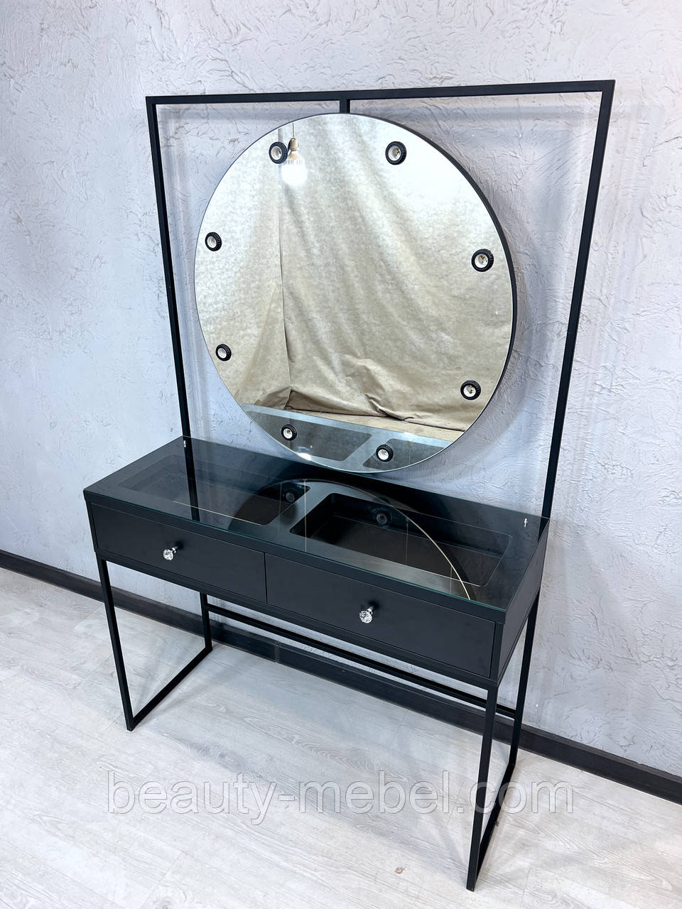 Стіл для візажиста в стилі лофт з круглим дзеркалом та стільниця вітрина, фото 1