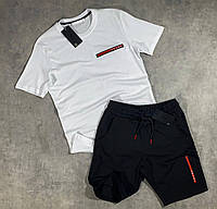 Летний комплект мужской черно-белый футболка и шорты молодежный Prada (Прада)