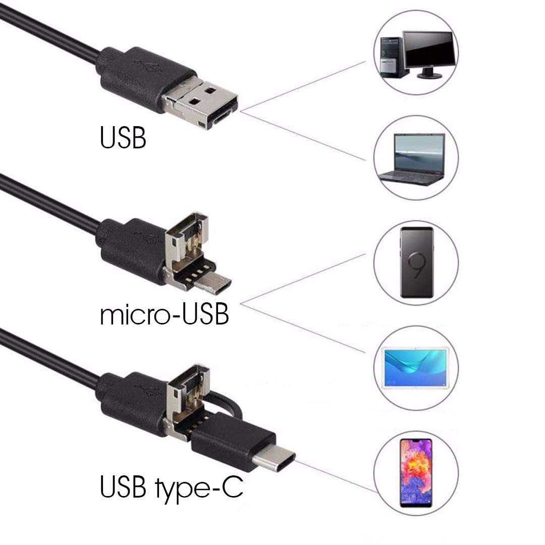 Камера эндоскоп с кабелем на 5 метров 7.3 мм USB / micro USB / TYPE C (мягкий провод) (5570) - фото 9 - id-p997603523