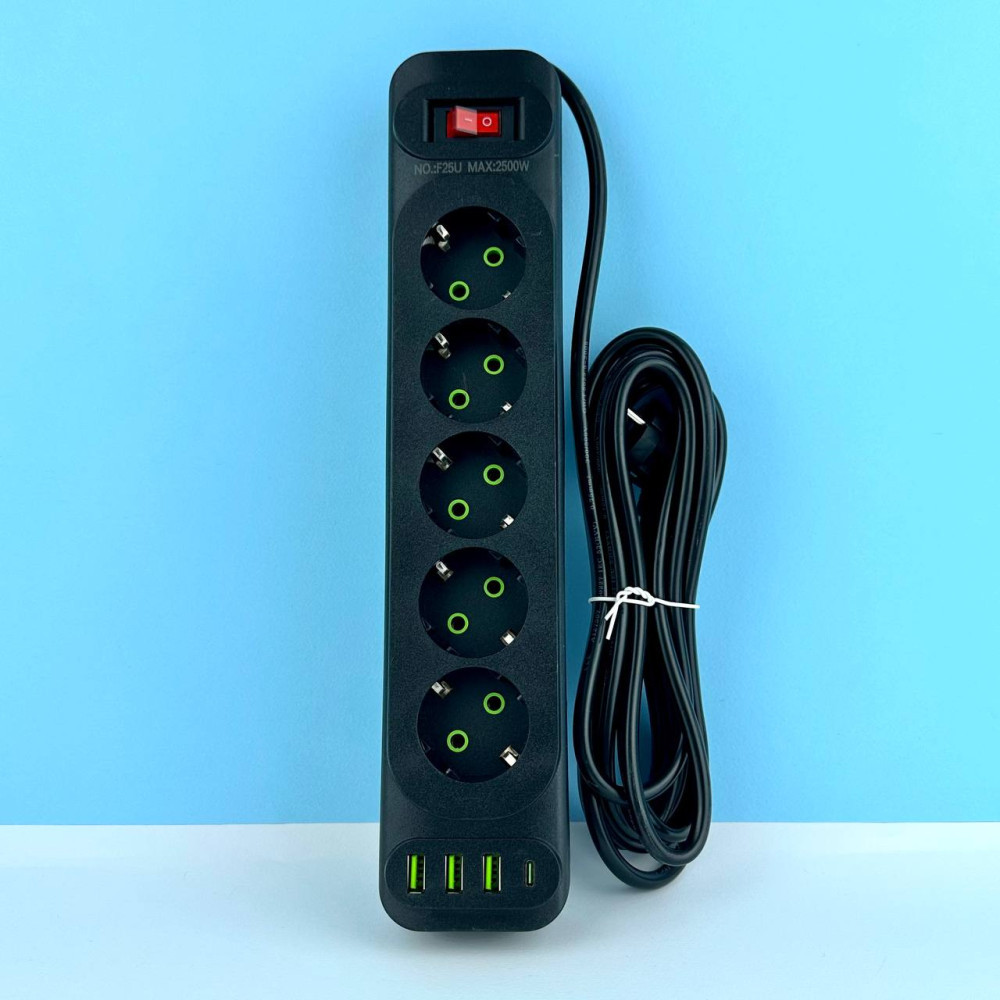 Подовжувач мережевий переноска 6 метрів MEILEPAI F25U на 5 розеток + 3USB + 1Type-C Чорний