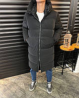 Пуховик подовжений шкіряний зимовий чорний CAS Black