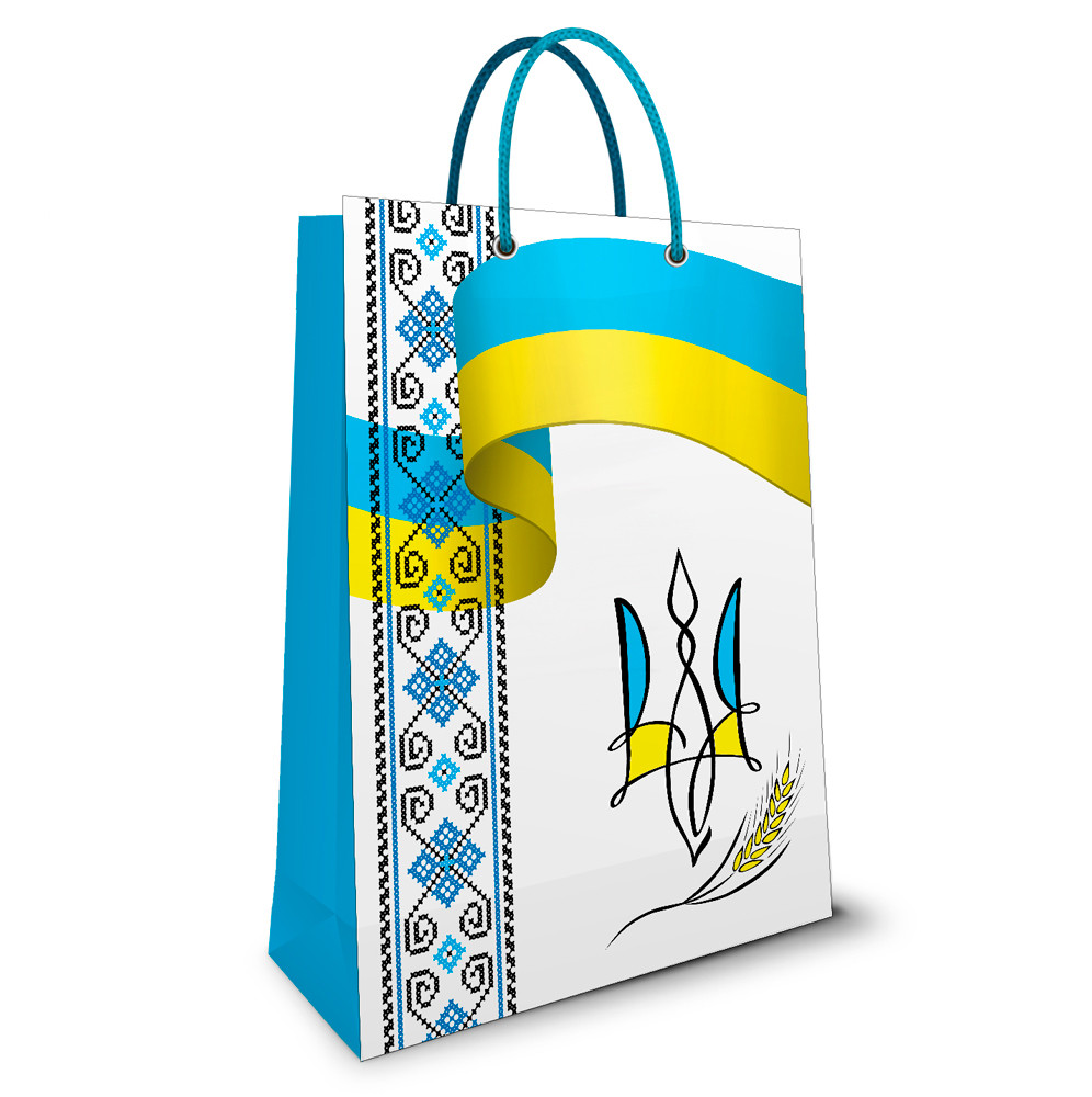 Пакет з українською символікою картонний ламінований 24х34х9 см, №165 Тризуб