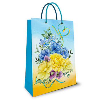 Пакет картонний ламінований 24х34х9 см №168 Жовто-блакитний з квітами