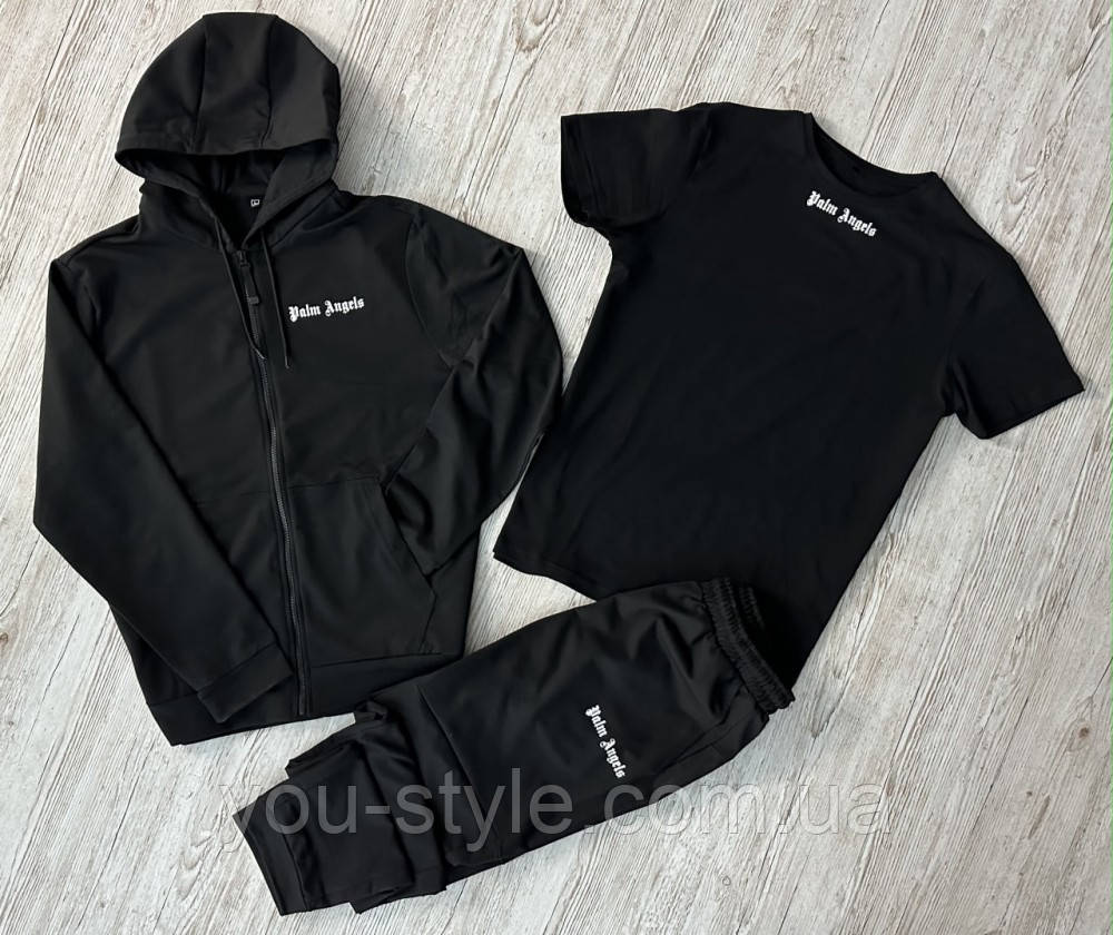 Комплект 3 в 1 Демісезонний спортивний костюм Palm Angels чорна кофта на змійці + чорні штани (двонитка) +