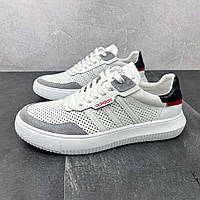 Мужские летние кожаные кроссовки (перфорация) белые, дышащие на лето для мужчин, размеры 40-45