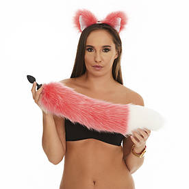 Анальна пробка з хвостиком, Рожевий із білим кінчиком, OKOVA 48 см.