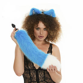 Анальна пробка з хвостиком, Блакитний із білим кінчиком, OKOVA 48 см.