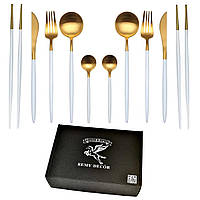 Набор столовых приборов с палочками для еды на 2 персоны REMY-DECOR золото цвета с белой ручкой из нержавейки