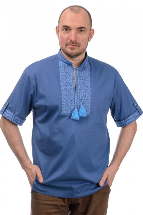 Вишиванка чоловіча з коротким рукавом (блакитна с блакитною вишивкою))