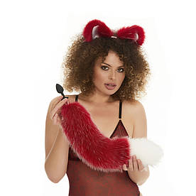 Анальна пробка з хвостиком, Червоний із білим кінчиком, OKOVA 48 см.