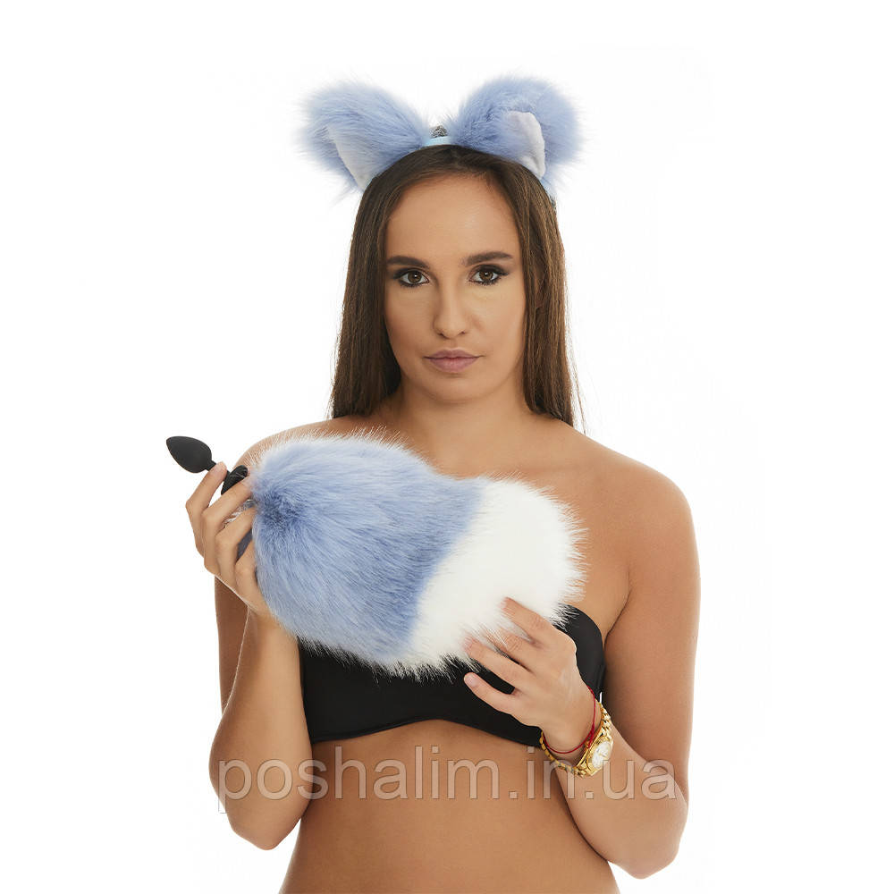 Анальна пробка з хвостиком, Сірий із білим кінчиком, OKOVA 48 см., фото 1