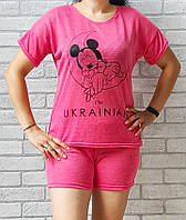 Женская летняя пижама ОПТ малиновая с принтом стич и микки маус (футболка с шортами) р.46 50 54