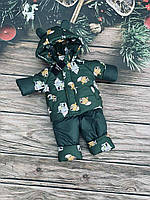 Костюм зимовий дитячий, куртка та напівкомбінезон "Ушастик" на махрі для діток на 1-4 роки. Том і Джеррі зелений