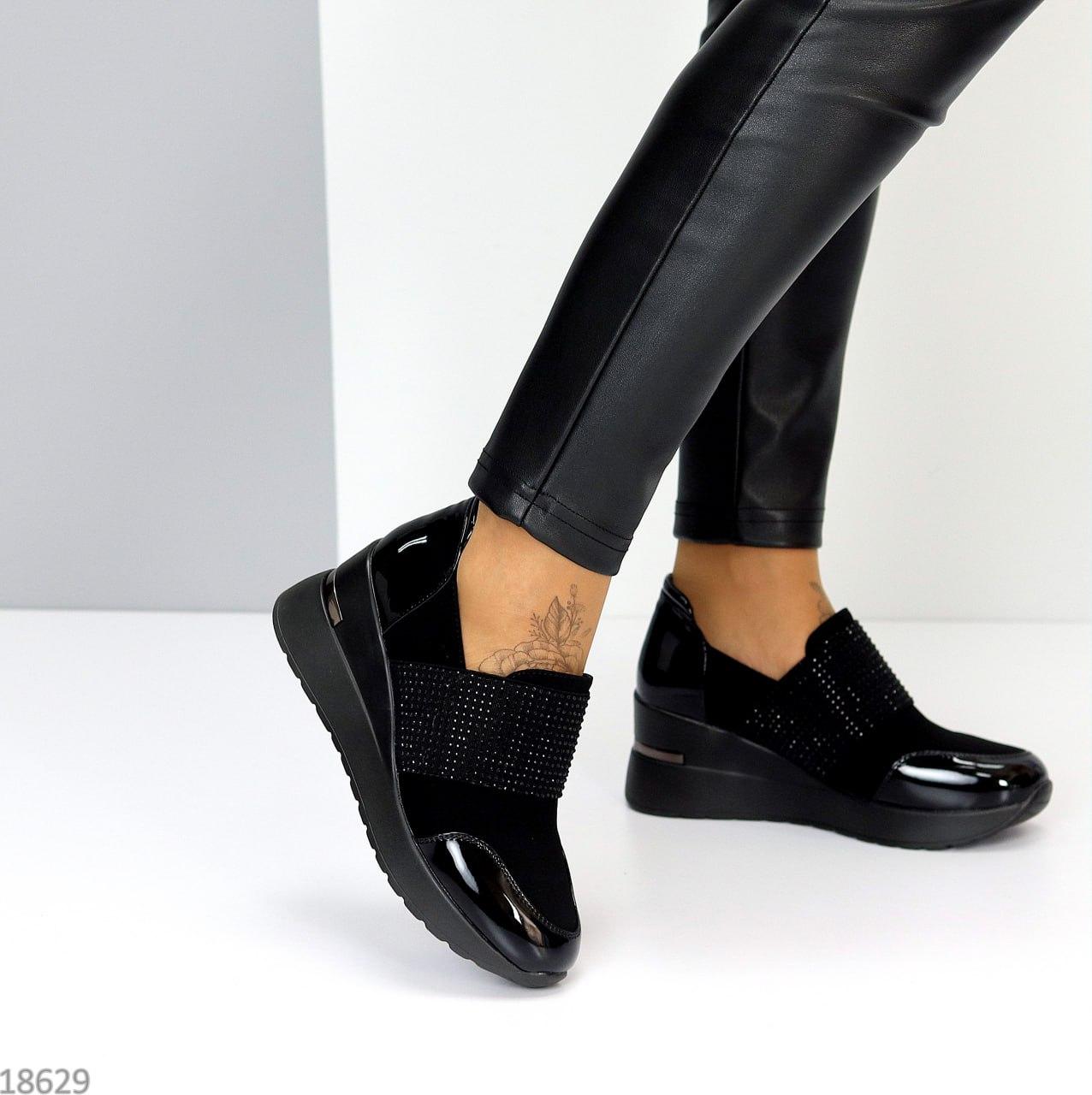 Демисезонные женские сникерсы молодежные стильные черные экозамша/эколак - фото 8 - id-p1897640582