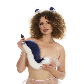 Анальна пробка з хвостиком, Білий із синім, OKOVA