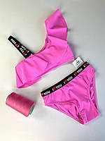 Купальник для дівчинки роздільний рожевий топ з воланом і високі плавки класичного крою р. 40